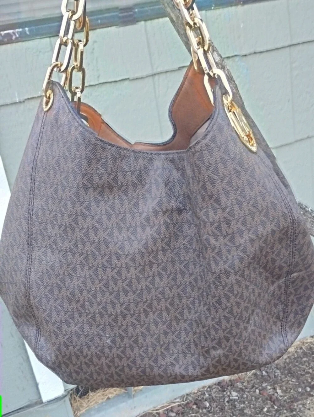 Michael Kors Brown Logo-Print Hobo with Gold Hardware